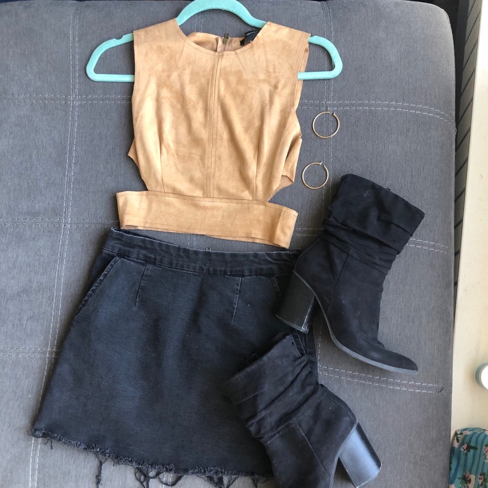 Women's Brown Cutout Faux Suede Crop Top